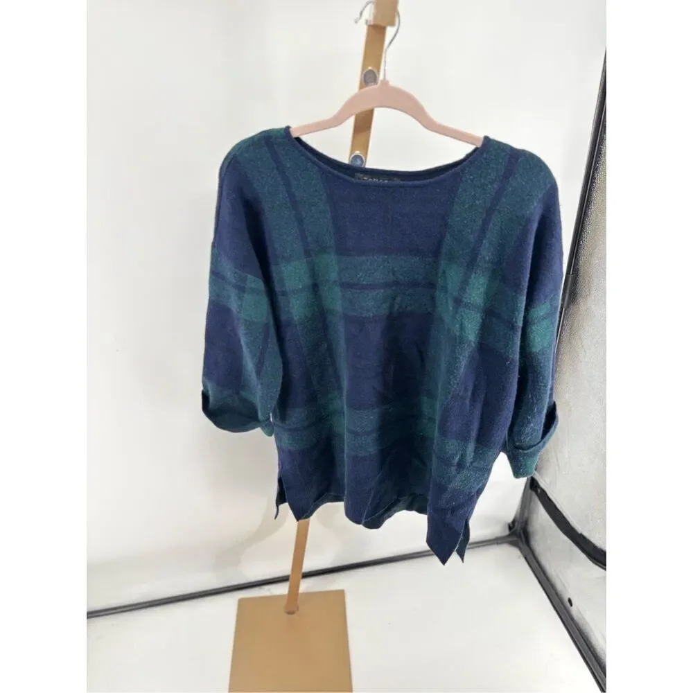 Tahari Plaid Knit Sweater Womens 1X Blue Green Crewneck Long Sleeve Top